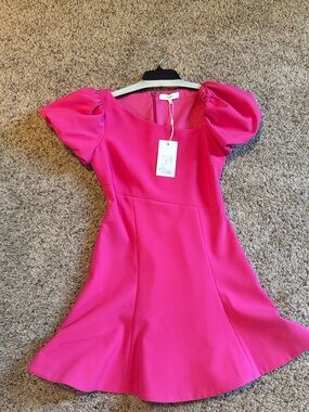 Likely Hot Pink Puff Sleeve Fit-and-Flare Dress